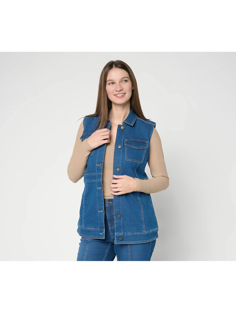 Denim & Co. Classic Stretch Indigo Denim Vest Medium Wash, S #46E